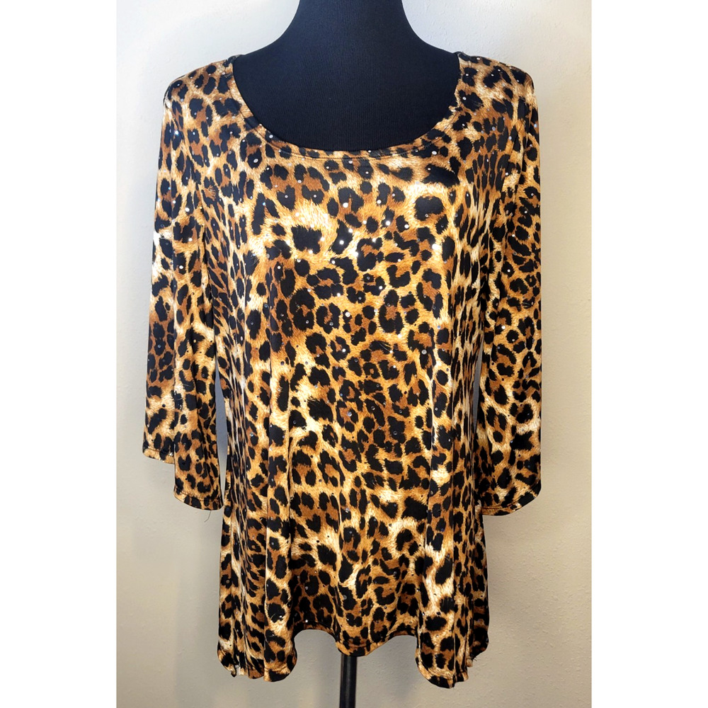 Brittany Black Animal Print Tunic Top Women’s XL 3/4 Sleeve Stretch Sequins